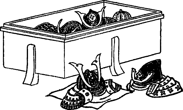 Illustration: Box of helmets with two on floor in front