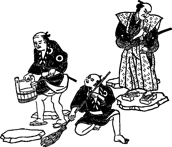 Illustration: Honzo overseeing two manual laborers
