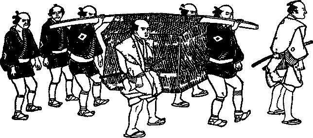 Illustration: Wicker-palanquin is carried by workers