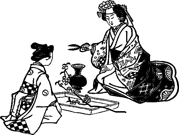 Illustration: Kaoyo kneeling, arranging cherry blossoms