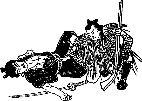 Illustration: Kanpei leaning over supine Sadakuro]