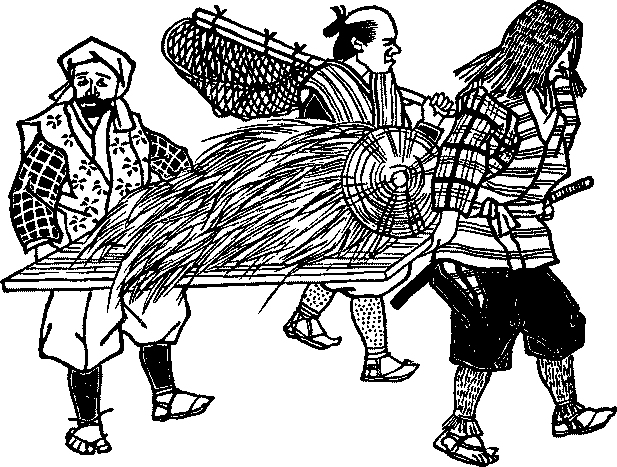 Illustration: Three hunters carrying a body