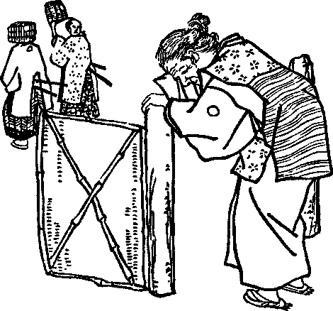 Illustration: Crying elderly woman; two samurai walking away