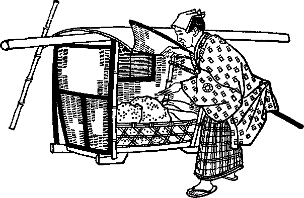 Illustration: Bannai peering into palanquin that contains a large stone