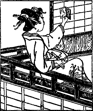 Illustration: Okaru sitting holding a mirror