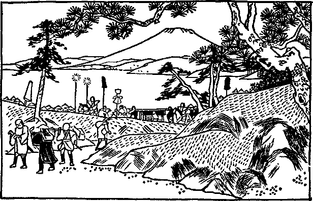 Illustration: Travelers walking with Mount Fuji in the
background