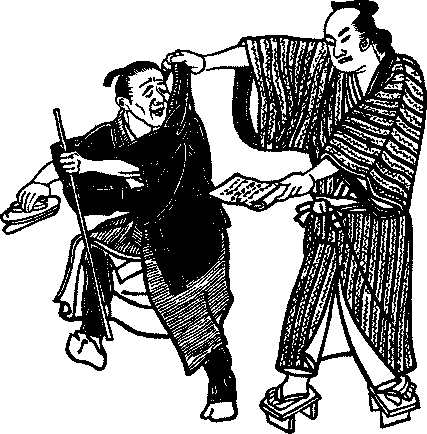 Illustration: Gihei grabbing Ryochiku with one hand and
holding the letter with the other hand