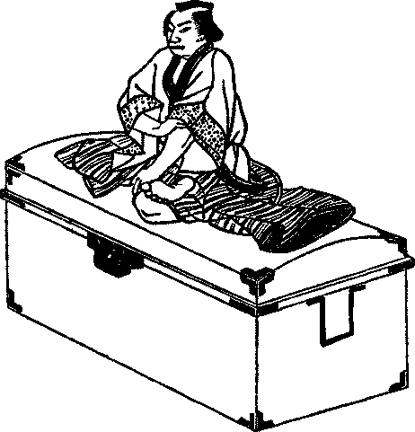 Illustration: Gihei sitting on a shipping box