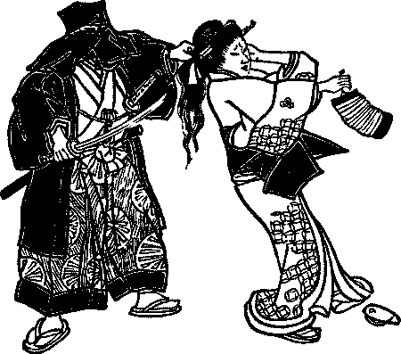 Illustration: Masked man cutting off Osono’s hair